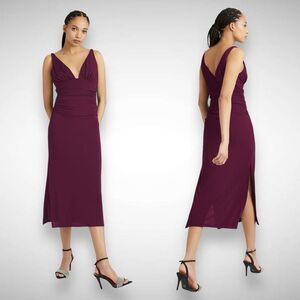 Cinq a Sept Lacey Ruched Dark Fig Crepe Midi Dress Size 6 Sleeveless Simple‎